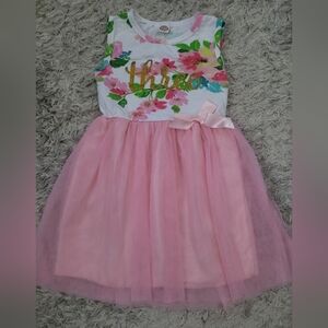 Girls Floral 'Three' Pink Tulle Party Dress